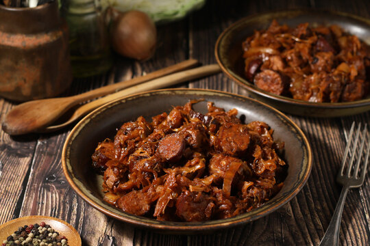 A bowl with traditional cabbage dish of Poland Bigos	
