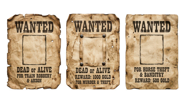 Set of three vintage wanted posters isolated on transparent background