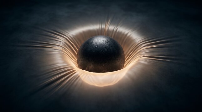 A heavy dark metallic sphere sinks into a glowing stretched surface creating a deep depression, gravitational pull, heavy impact, bending reality.