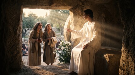 Obraz premium Angel announcing the resurrection of Jesus Christ to women at the empty tomb. Biblical scene of Jesus rising from the dead on Easter. Historical religious narrative of faith.
