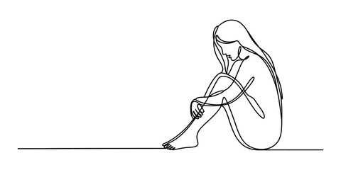 Continuous line drawing of sad woman sitting, minimalist line art of depressed girl hugging knees, mental health concept illustration