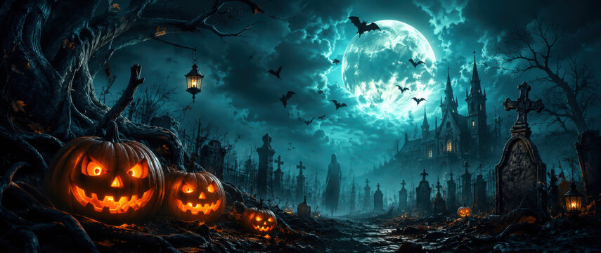 Pumpkin zombie Rising Out Of A Graveyard cemetery and church In Spooky scary dark Night full moon bats on tree. Holiday event halloween banner background concept.