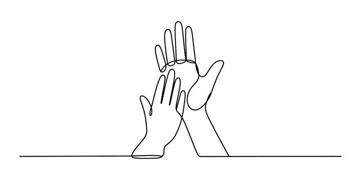 Continuous line drawing of clapping hands, minimalist hand applause gesture, simple outline vector illustration of high five celebration