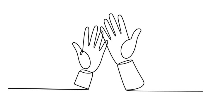 Continuous line drawing of high five gesture, minimalist hands clapping concept, simple outline sketch of teamwork and success celebration