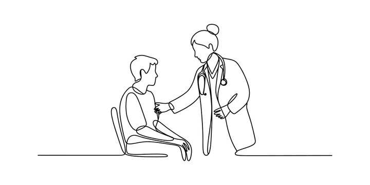 Continuous line drawing of doctor examining patient, minimalist medical checkup illustration, healthcare professional with stethoscope