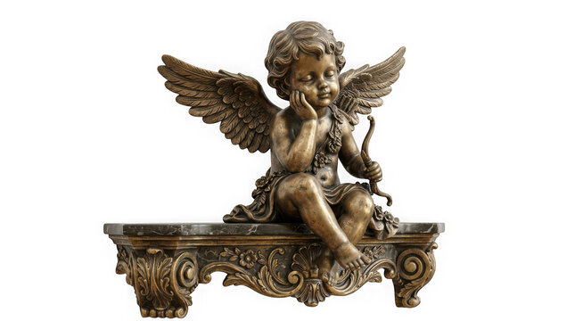 Bronze cherub cupid statue sitting on an ornate wall shelf isolated on transparent background