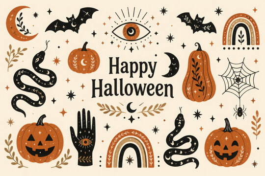 Happy halloween Boho abstract set. Bohemian mystical magic collection clip art hand drawing style. creative contemporary aesthetic doodle elements . Vector illustration
