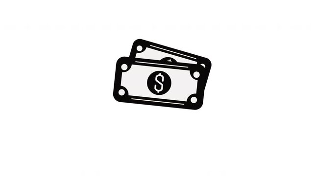 Minimalist black line icon of stacked banknotes with a dollar symbol, representing cash, payment, earnings, finance, or money transactions. Clean vector illustration isolated on a white background.