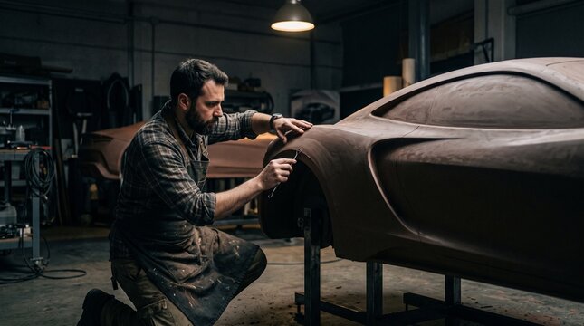 A bearded man in an apron sculpts a clay model of a sports car in a dimly lit workshop, automotive design, creative process, industrial craftsmanship.
