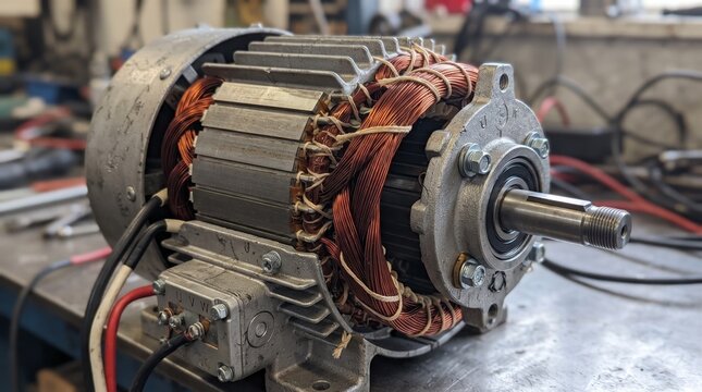 Electric motor sits on a metal workbench in a workshop with copper wire windings visible in the housing.