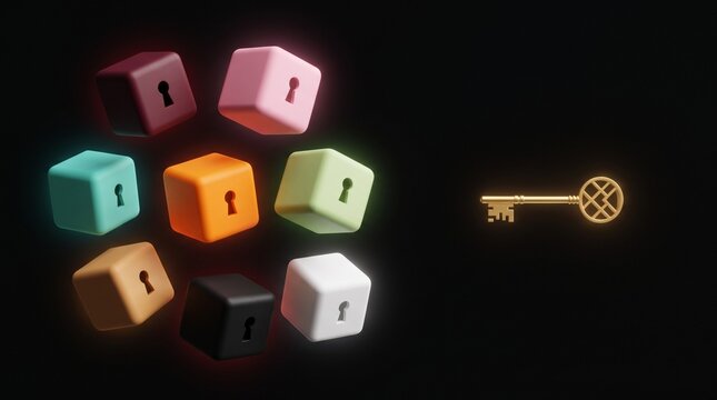 A glowing golden key points toward colorful floating keyhole cubes against a dark background, data security, problem solving, creative access.