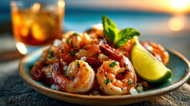 A tantalizing plate of grilled shrimp garnished with lime and mint, set against a picturesque beach background, ideal for food photography and culinary promotions.