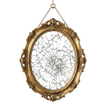 Ornate gold oval frame with shattered mirror glass isolated on transparent background