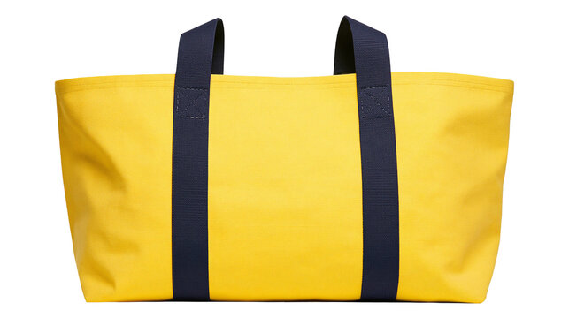 Yellow canvas tote bag with navy blue straps