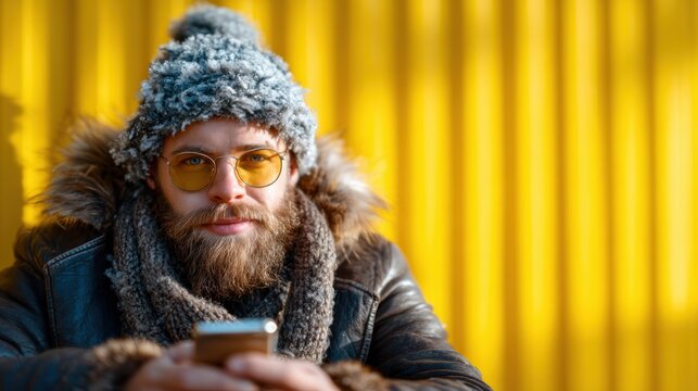A man wearing a fuzzy hat and glasses is pictured against a bold yellow background while checking his phone, creating a striking contrast that emphasizes style and individuality.