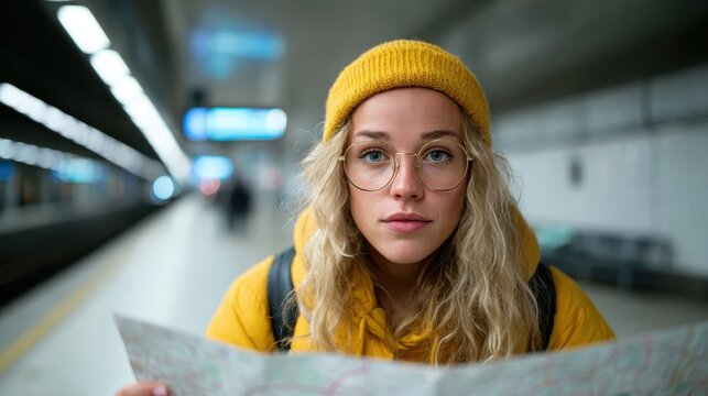 A young woman with blonde curly hair, wearing glasses and a yellow beanie, studies a map while waiting at a subway station, lost in thought and exploration.