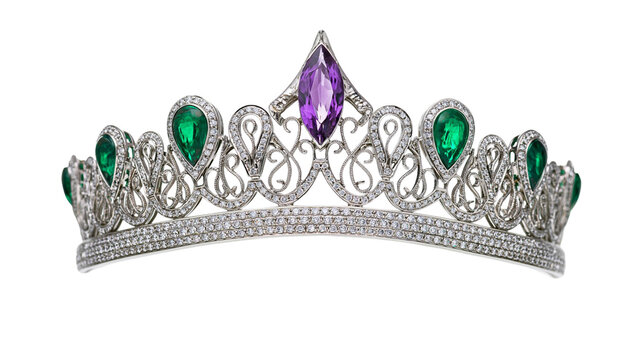 Ornate silver tiara with purple marquise and green pear-shaped gemstones
