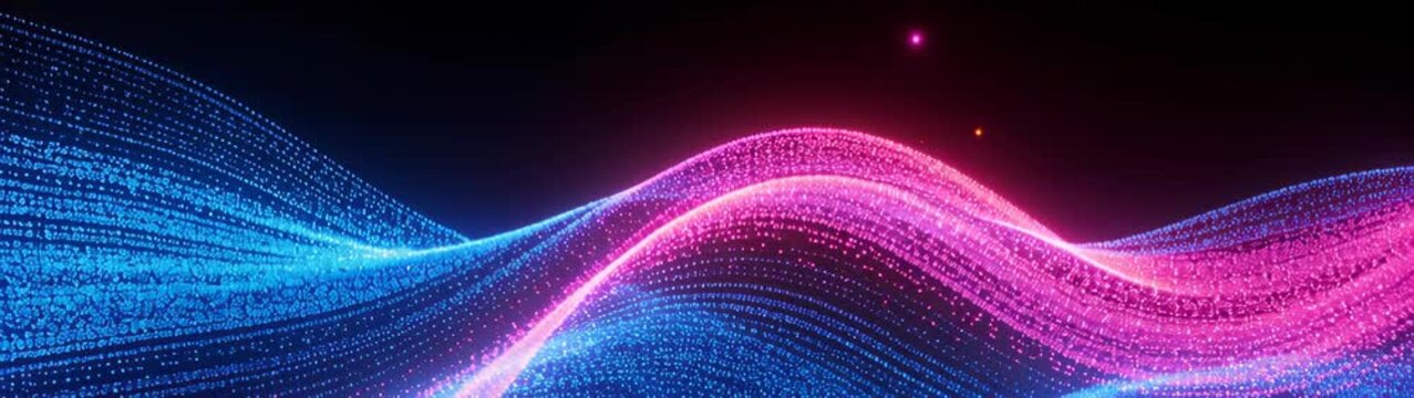 Glowing particles forming an undulating wave symbolizing big data flow futuristic technology, and network connections.