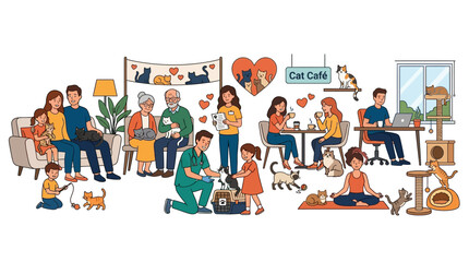 Fototapeta premium People interacting with cats in a cozy cafe and shelter environment