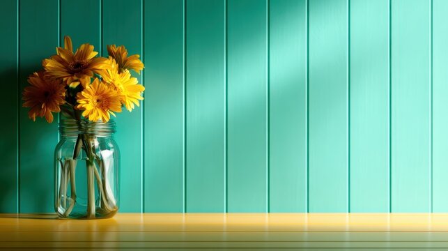 A vibrant arrangement of sunflowers displayed in a mason jar, set against a turquoise wall, creating a cheerful and uplifting ambiance perfect for any space.