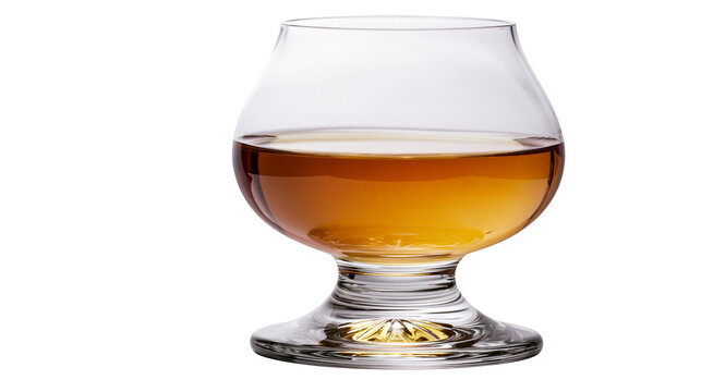 Amber liquid in clear glass snifter with ornate base