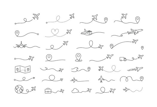 Airplane Route Paths, one-line drawing set of 25 minimal continuous single-line icons: airplane route line, dotted flight path, aircraft tracking trace, plane with map pin, location pin path, heart