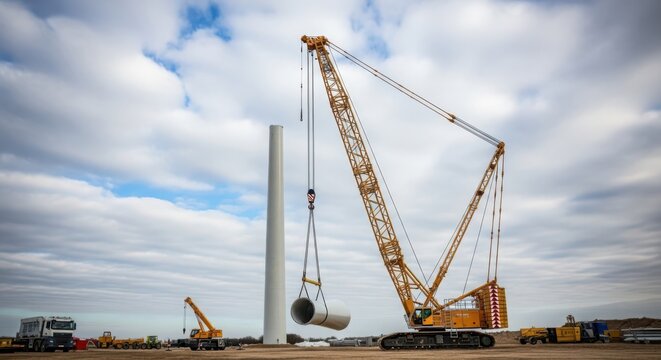 Massive yellow crawler crane lifting heavy wind turbine tower sections at construction site