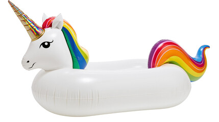 Inflatable white unicorn pool float with rainbow mane and tail © Motruc