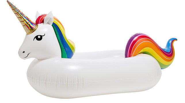 Inflatable white unicorn pool float with rainbow mane and tail