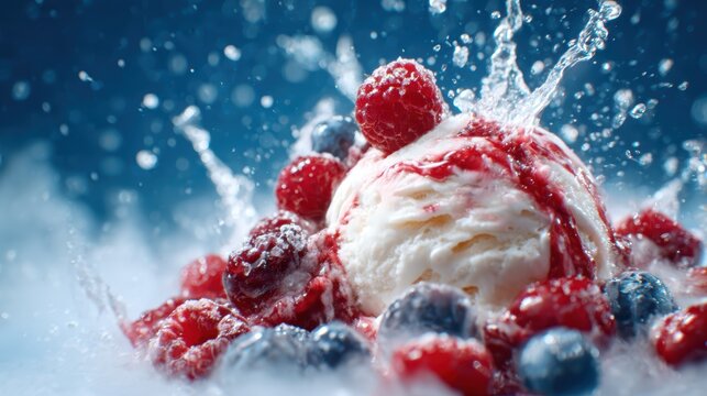 An explosive splash of vanilla ice cream topped with vibrant raspberries and blueberries, capturing the essence of pure summer joy and indulgence through dynamic movement.
