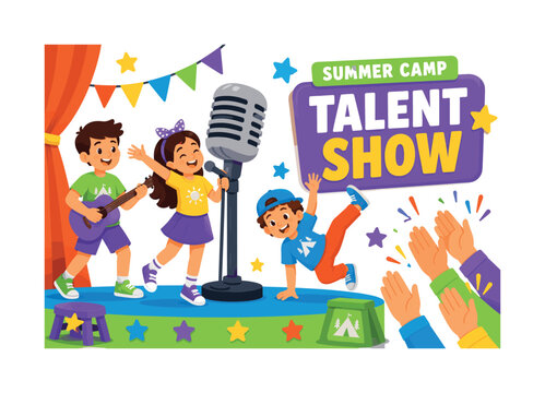 Summer Camp Talent Show banner, 3 expressive stylized kids performing around one oversized microphone on a small camp stage, curtain strip near left edge, applause hands near right edge, star cutouts
