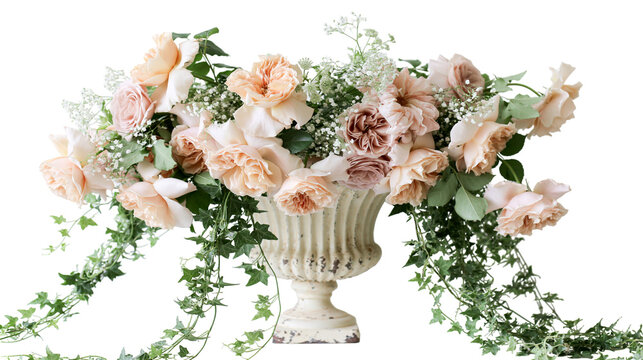 Creamy peach and pink roses floral arrangement in ornate urn with ivy