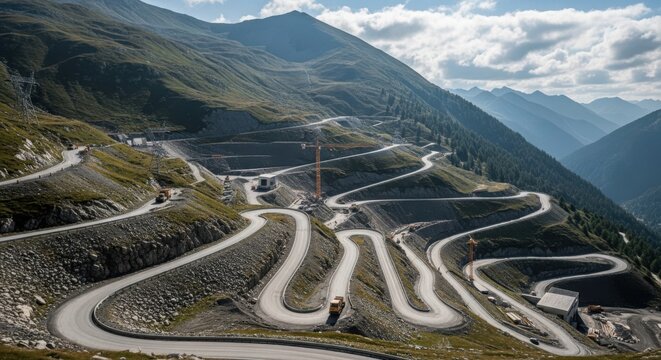 Spectacular winding mountain road carves through alpine landscape under a cloudy sky