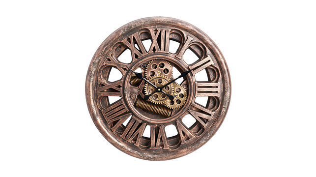 Steampunk wall clock with visible gears and Roman numerals