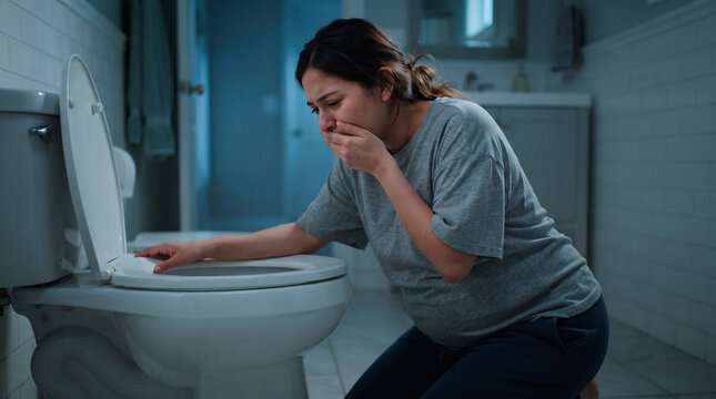 Pregnant woman experiencing nausea and vomiting over the toilet in a dimly lit bathroom