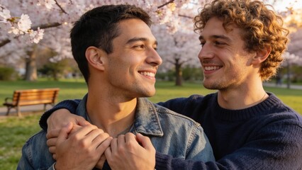 Fototapeta premium Male couple enjoying romantic moment together in sunny park with joyful expressions.