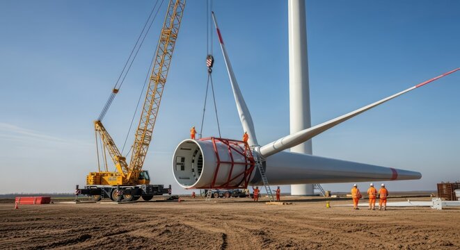 Workers and large crane assembling massive wind turbine components at industrial construction site