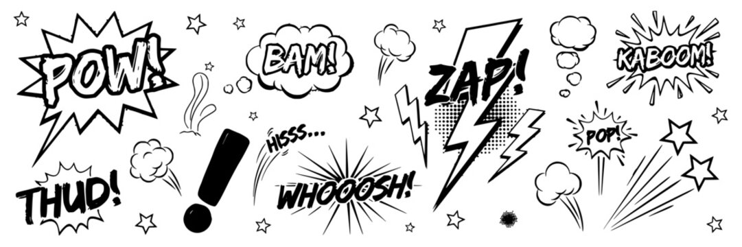Comic Book Sound Effects and Symbols with Dynamic Action Words and Impact Graphics Featuring Pow, Bam, Zap with Boom and Thud