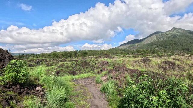 Wide panoramic view of a valley with solidified lava flows and grass on Bali island, featuring Batur and Agung volcanoes under a bright sunny sky.