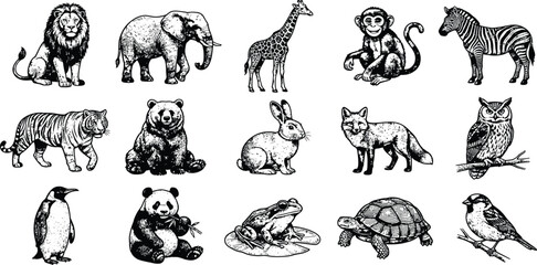 Hand drawn wild animals icons set including lion elephant giraffe monkey zebra tiger bear panda owl vector sketch © ΠISH4N I5L4M