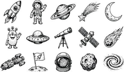 Hand drawn space icons set including rocket astronaut planet comet alien ufo telescope satellite helmet galaxy vector sketch © ΠISH4N I5L4M