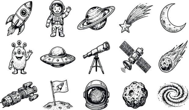 Hand drawn space icons set including rocket astronaut planet comet alien ufo telescope satellite helmet galaxy vector sketch