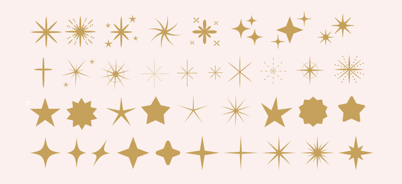 Yellow sparkles symbols vector. Set of boho stars icon. Gold firework, decoration twinkle, shiny flash. Glowing light effect stars and bursts collection.