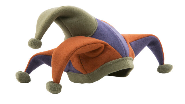 Jester hat with orange purple, and green sections and pom-poms