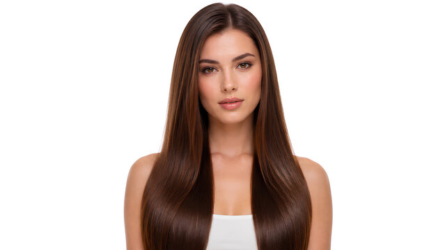 Close-up portrait of a pretty young woman with long flowing straight chestnut brown hair wearing white top