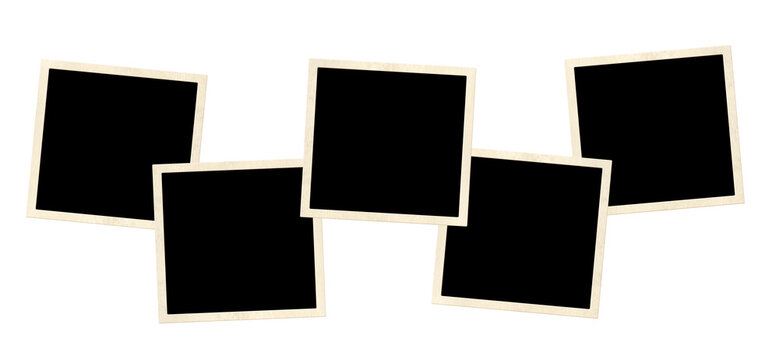 Template collage with five frame photos. Moodboard pictures album grid for scrapbooking. Vintage style mood board layout. Isolated on white background. Copy space for your text and photo