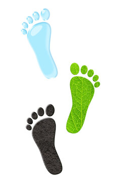 3d human footprint with green leaf, soil, water. People footstep, featuring nature. Save wildlife, protect nature reserve. Zero waste, responsible consumption, eco-friendly concept. Isolated on white
