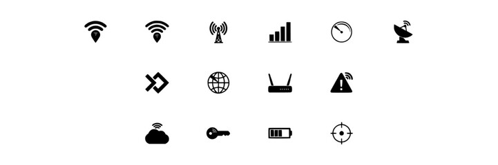 Fototapeta premium Icons Representing Wi-Fi and Signal Concepts Arranged in a Grid Featuring Wi-Fi, Internet, Connection with Network and Wireless