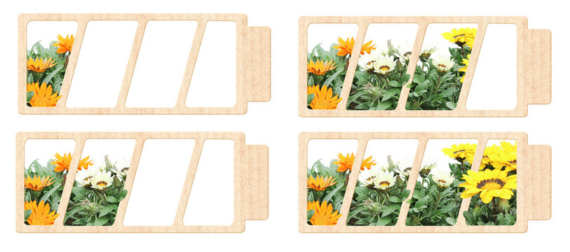 Flower in eco battery charge indicator from recycled paper. Ecology, go green, environment, conservation protection. Sustainable development of strategy approach to zero waste, responsible consumption