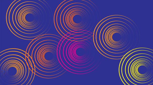 Abstract geometric background with concentric circles, vibrant orange and purple gradient rings on dark blue, modern vector pattern for digital wallpaper